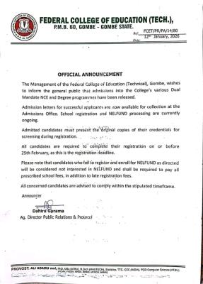 FCET, Gombe announces release of admission letters for NCE/Degree programmes, 2025/2026