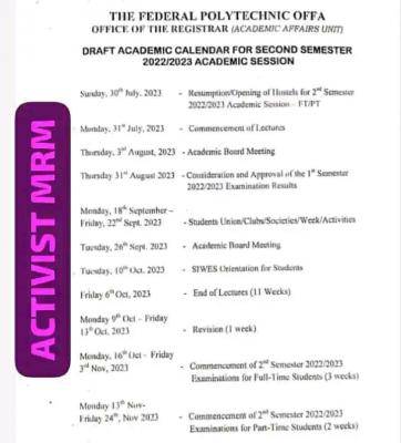 Fed Poly Offa approved academic calendar for second semester 2022/2023 academic session