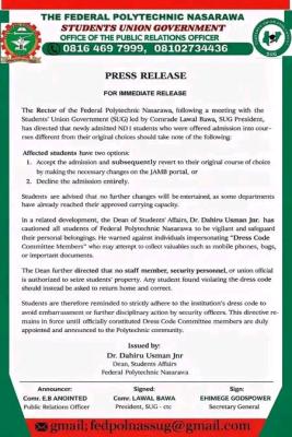 Federal Polytechnic Nasarawa SUG notice to new and returning students