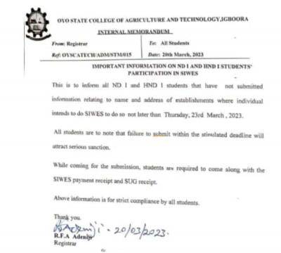 OYSCATECH notice to ND I & HND I students on SIWES