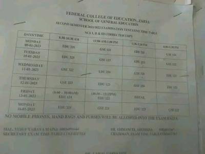 FCE Zaria GNE exam timetable for second semester, 2021/2022