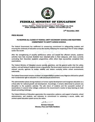 FG reopens Federal Unity Secondary schools, reaffirms commitment to students' safety