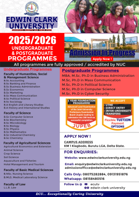 Edwin Clark University admission form for 2025/2026 academic session
