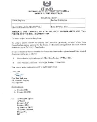 NOUN issues urgent notice on closure of e-Examination & TMA portals
