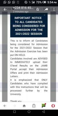 OOU notice to all candidates being considered for admission, 2021/2022