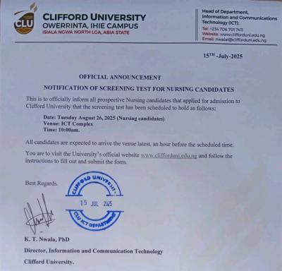Clifford University notification of screening test for Nursing candidates, 2025/2026