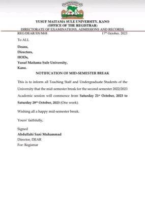 YUMSUK notice on mid-semester break