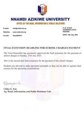 UNIZIK extends deadline for school fees charges