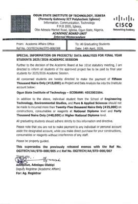 OGITECH notice to Final Year students on Projects Analysis, 2025/26