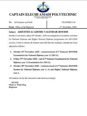 Captain Elechi Amadi Polytechnic adjusted 2019/2020 academic calendar