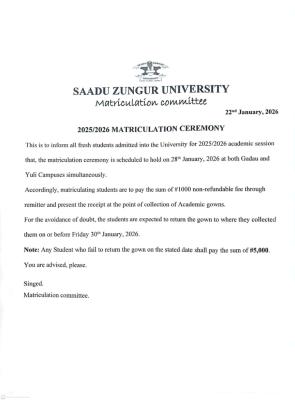 SAZU matriculation ceremony Details for 2025/2026 Session