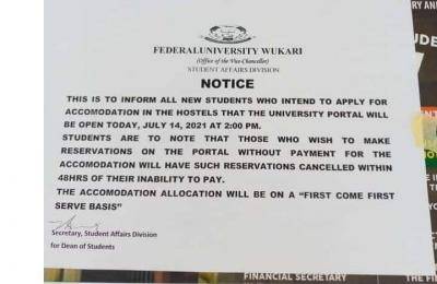 FUWUKARI notice to new students on hostel accomodation application