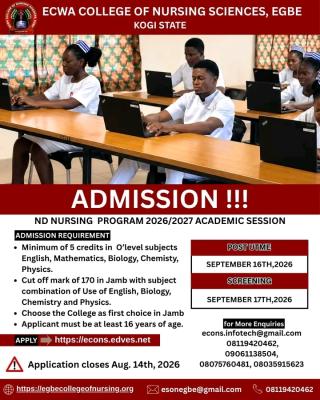 ECWA College of Nursing Sciences ND Nursing Admission, 2026/2027