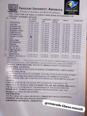 Crescent University, Abeokuta releases school fees schedule, 2026/2027