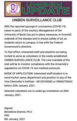 UNIBEN call for COVID-19 surveillance club application