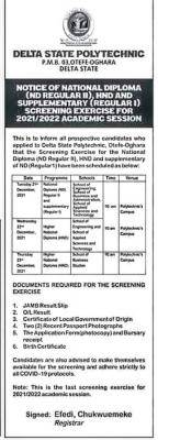 Deltapoly Otefe-oghara ND Regular II, HND & Supplementary ND Regular I Screening, 2021/2022