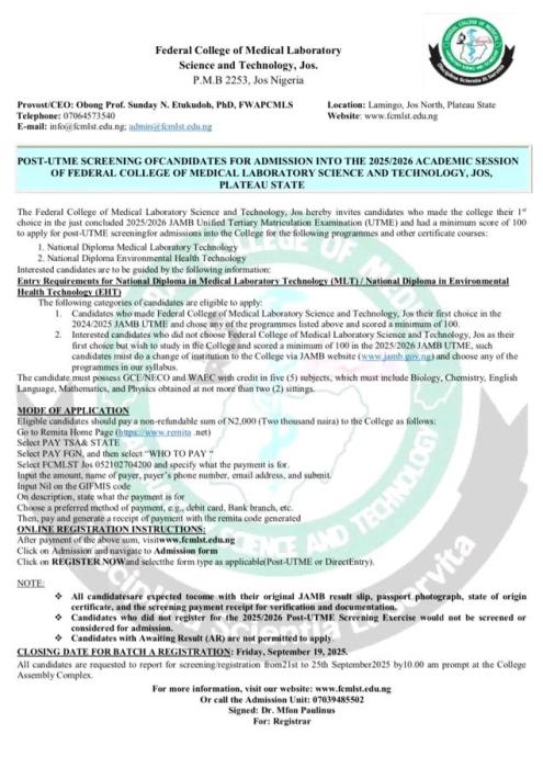 Fed College of MLS & Tech. Jos Post-UTME 2025: Cut-off mark, Eligibility & Registration Details