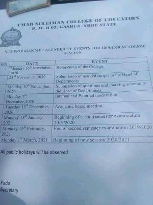 Umar Suleiman College of Education revised academic calendar for 2019/2020 session