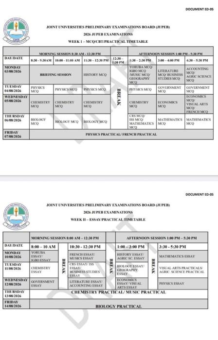 JUPEB releases 2026 Examination Timetable for MCQ, CBT, and Practical Sessions