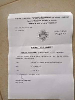 Federal College of Forestry, Afaka notice on SIWES orientation