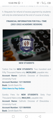 Tansian University schedule of fees, 2021/2022