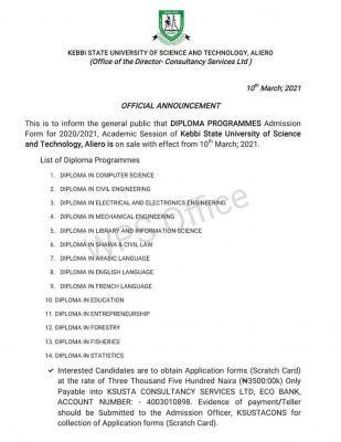 KSUSTA diploma admission form for 2020/2021 session
