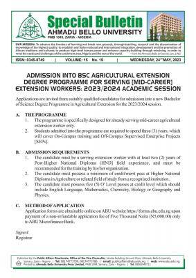 ABU B.sc Agricultural Extension Degree Admission Form - 2023/2024