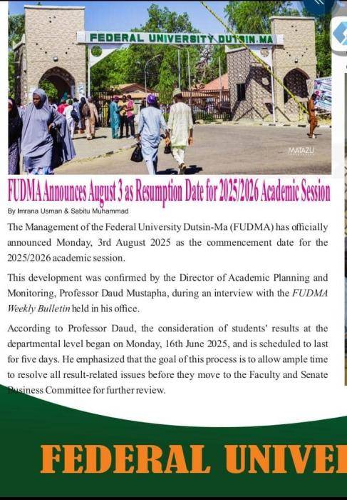 FUDUTSIN-MA to commence 2025/2026 academic session by 3rd August