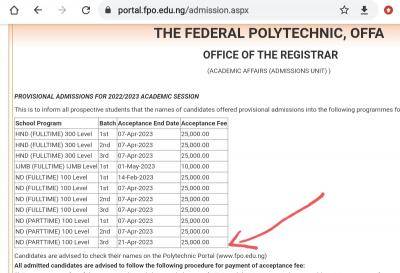 Federal Poly, Offa ND Part-Time 3rd batch admission list, 2022/2023