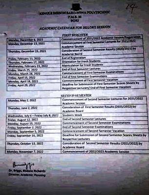 KENPOLY approved academic calendar, 2021/2022