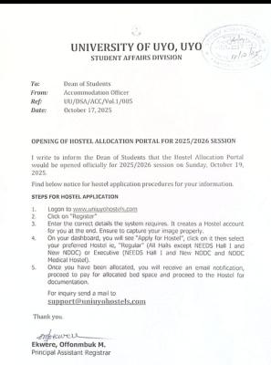 UNIUYO announces opening of hostel allocation portal, 2025/2026