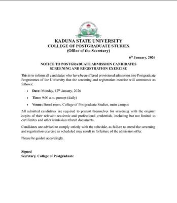 KASU announces Postgraduate Screening and Registration