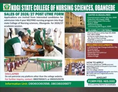 Kogi State College of Nursing Sciences, Obangede ND/HND Nursing Admission, 2026/2027
