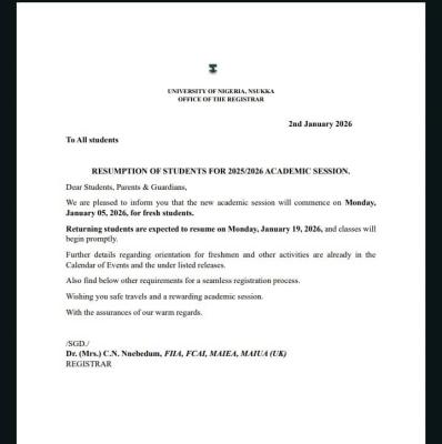 UNN announces resumption for 2025/2026 session