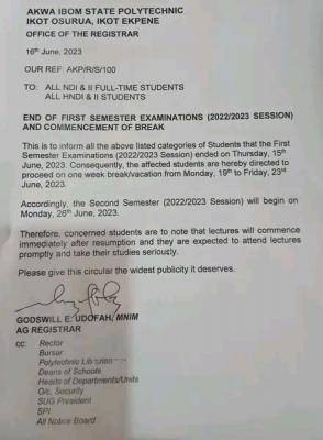Akwa Ibom Poly notice to all ND I & II, HND I &II students on commencement of 2nd semester, 2022/2023