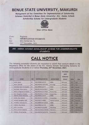 BSU notice to awardees of the Arc. Asema Achado scholarship scheme