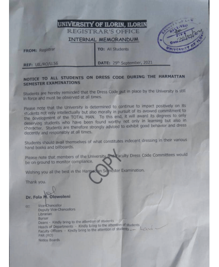 UNILORIN notice on dress code during the harmattan semester examination