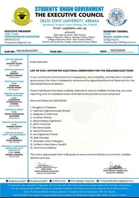 DELSU SUG releases list of appointed electoral observers for 2024/2025 elections