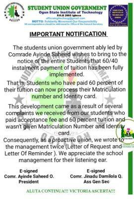 OGITECH SUG notice on payment of schools fees in installments
