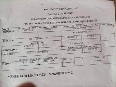 Ibadan Polytechnic Lecture timetable for first semester 2020/2021