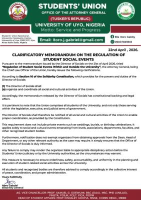 UNIUYO SUG further clarifies the regulations regarding Social Events