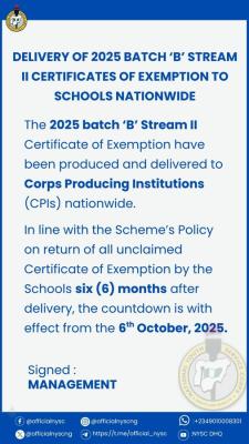 NYSC notice on delivery of 2025 Batch 'b' Stream II exemption certificates
