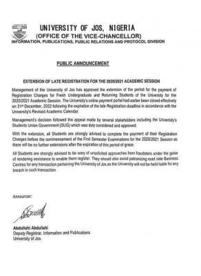 UNIJOS extends late registration for the 2020/2021 academic session