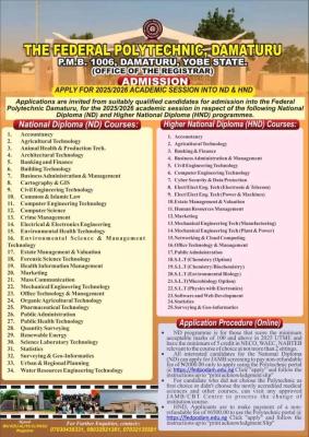 Federal Polytechnic Damaturu releases ND/HND admission form, 2025/2026