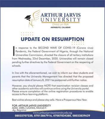 Arthur Javis University notice on resumption
