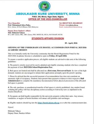 Abdulkadir Kure University undergraduate hostel accommodation application, 2025/26