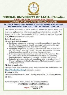 FULAFIA Pre-degree & Remedial admission form, 2022/2023
