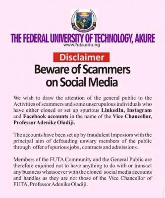 FUTA notice about social media scammers