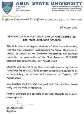 ABSU resumption notice for continuation of 1st semester. 2021/2022 session