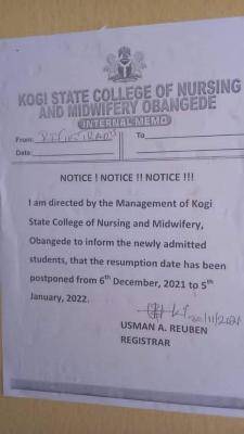Kogi State college of Nursing postpones resumption of new students